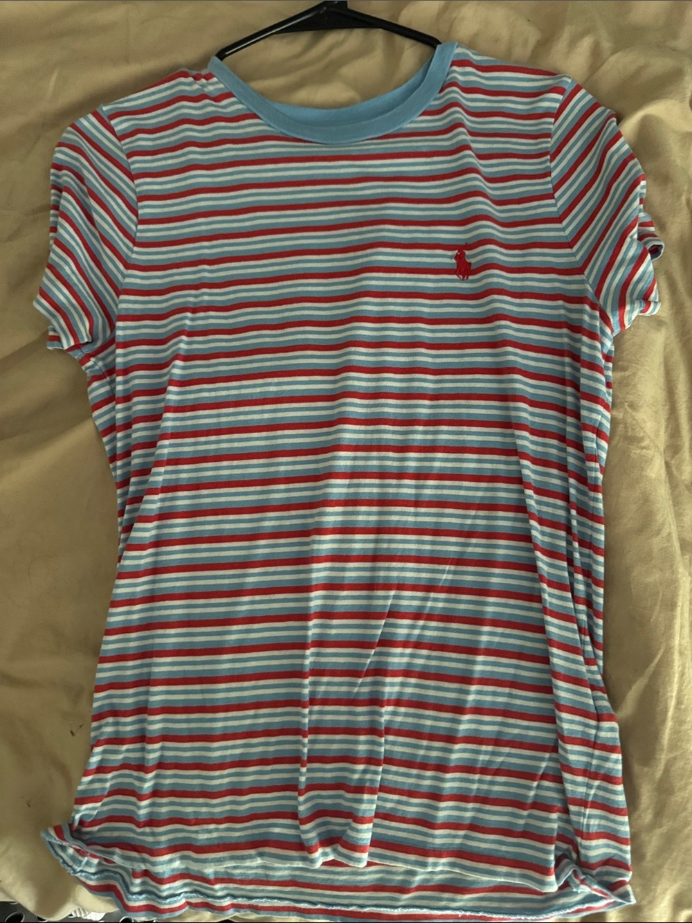 Striped Tee with Red Logo - Light Blue & Red